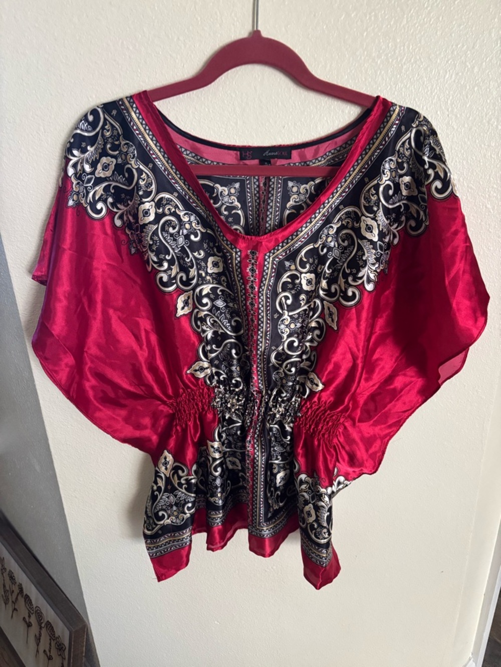 HeartSoul Y2K boho-print kimono-style top red and black smocked waist XL